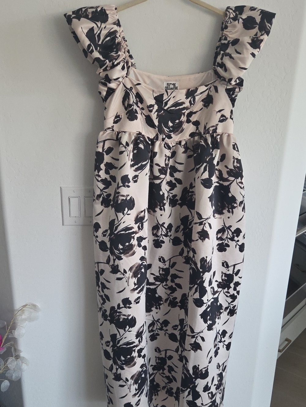 Womens Cream and Black Floral Ruffle Strap Dress